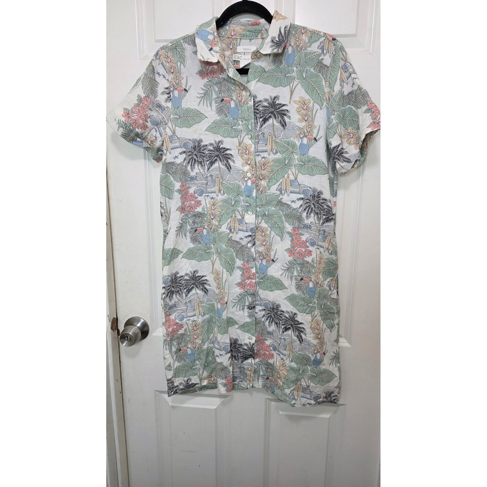 C&C California Shirt‎ Dress Womens Small Multicolor Tropical Linen Toucan Surf